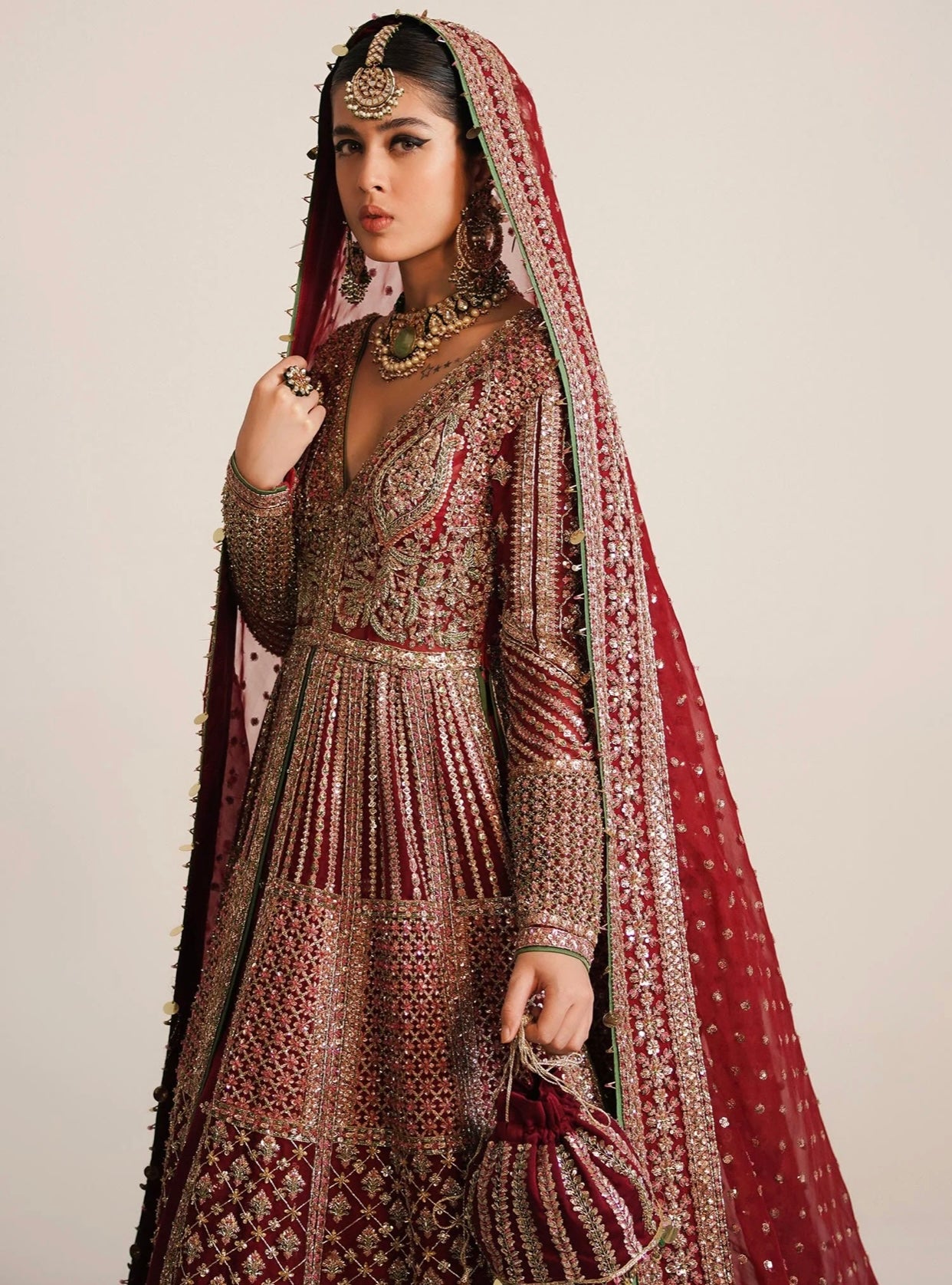 Hussain Rehar Sarang Bridal Peshwas | Luxury Berry Red Embellished Organza Dress | Fatimaastore Exclusive