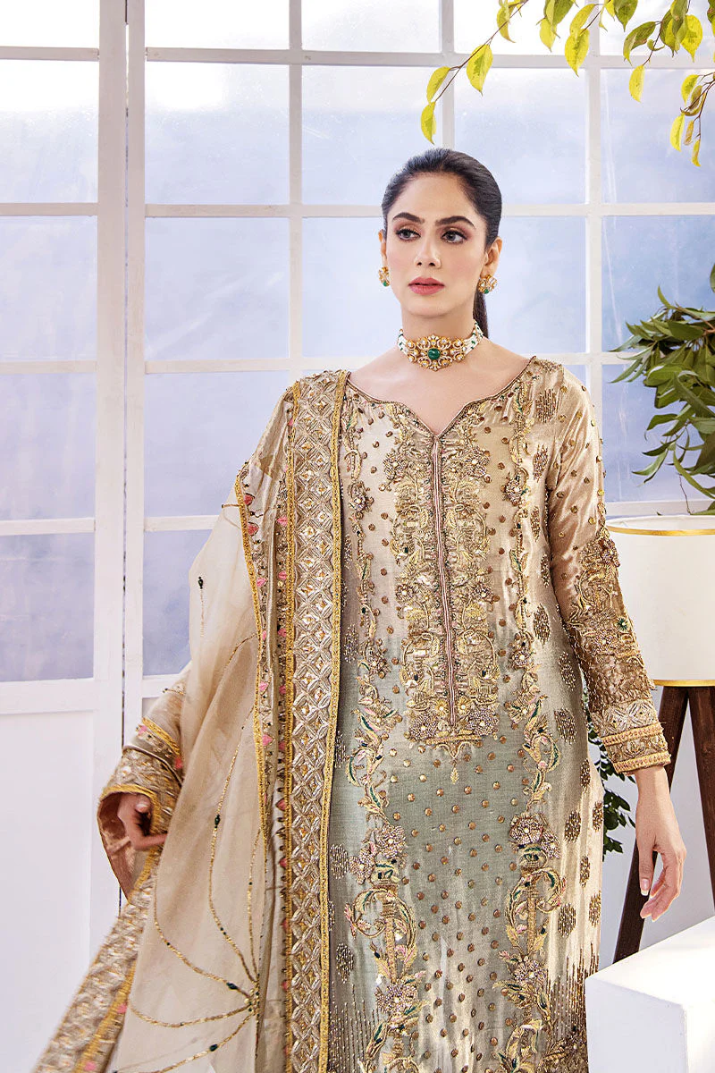 Luxury Golden Bronze Organza Traditional Pakistani Wedding Dress | Designer Eastern Wear
