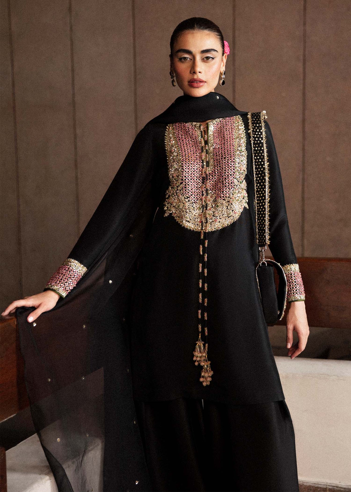 Char black raw silk suit by Hussain Rehar - additional view