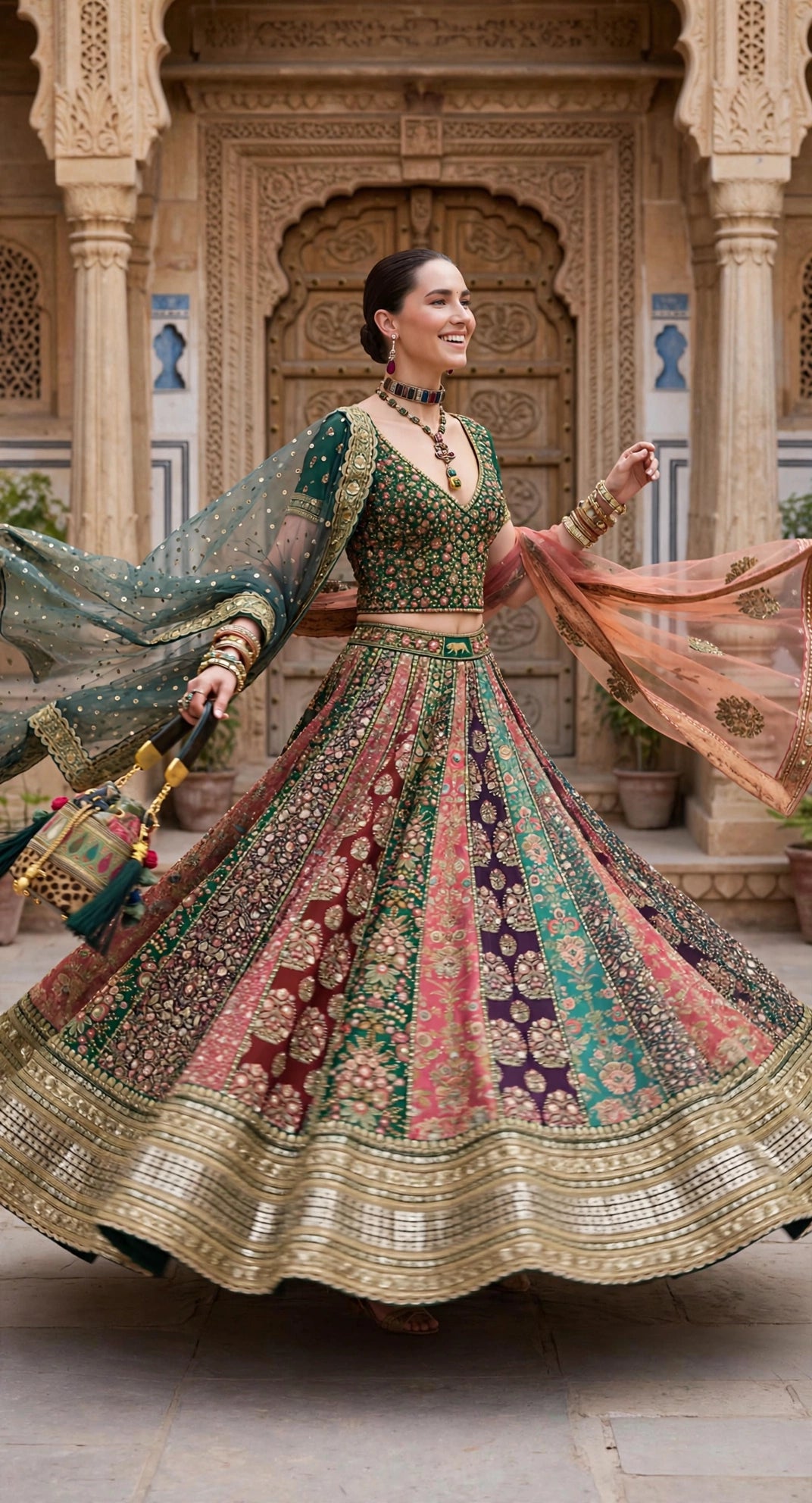 Sabyasachi-Inspired Multi Panel Embroidered Bridal Lehenga Choli with 2 Dupattas