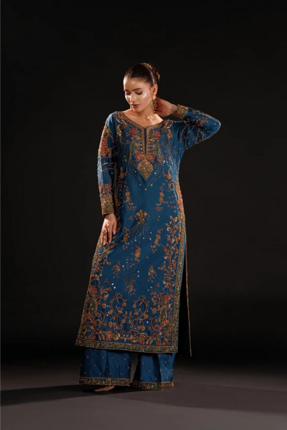 Luxury Royal Blue & Antique Gold Embroidered Pakistani Formal Dress