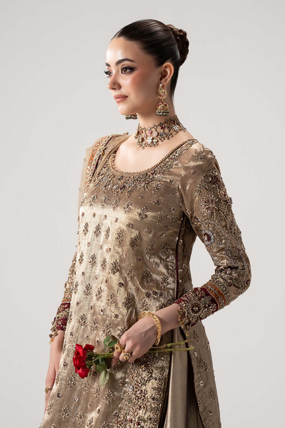 Maria B Luxury Bridal Formal Wear | Embellished Tissue Shirt & Banarsi Gharara | Fatimaastore Exclusive
