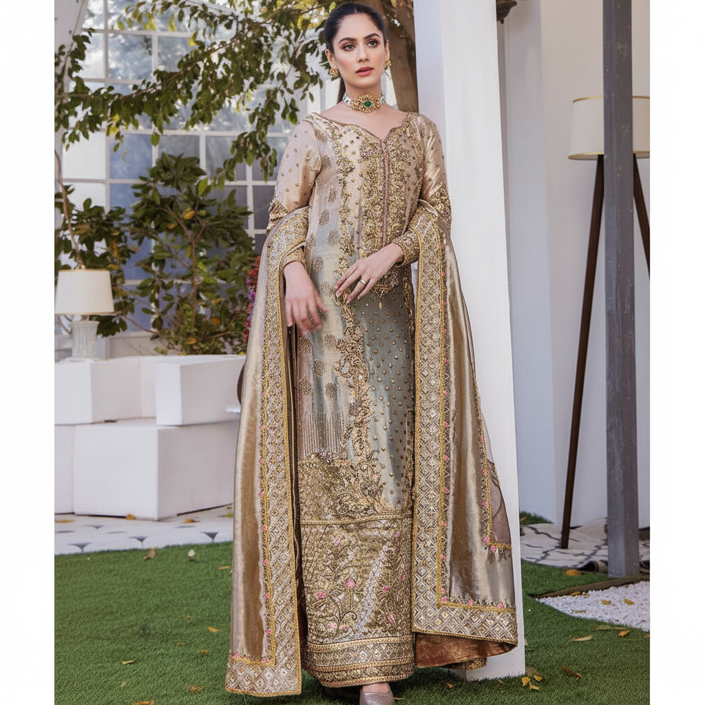 Full-length view of a model wearing the Samar golden bronze organza traditional Pakistani wedding dress, showcasing its elegant drape and regal color.`
	2.	`Close-up of the Samar dress bodice, highlighting the premium organza fabric and the rich golden bronze tone of this luxury eastern wear.`
	3.	`Detailed shot of the Samar dress, emphasizing the traditional craftsmanship and the sophisticated silhouette perfect for desi weddings.`
	4.	`Back view of the model in the Samar golden bronze organza dress, illus