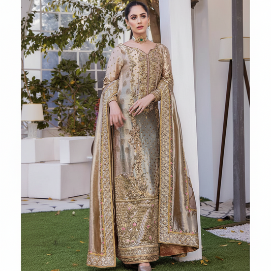 Full-length view of a model wearing the Samar golden bronze organza traditional Pakistani wedding dress, showcasing its elegant drape and regal color.`
	2.	`Close-up of the Samar dress bodice, highlighting the premium organza fabric and the rich golden bronze tone of this luxury eastern wear.`
	3.	`Detailed shot of the Samar dress, emphasizing the traditional craftsmanship and the sophisticated silhouette perfect for desi weddings.`
	4.	`Back view of the model in the Samar golden bronze organza dress, illus