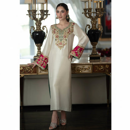 Ivory Tussle Silk Embroidered 3-Piece Suit with Organza Dupatta – Luxury Pakistani Festive Wear