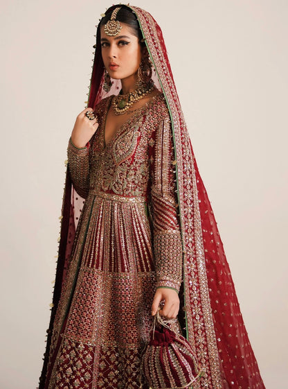 Hussain Rehar Sarang Bridal Peshwas | Luxury Berry Red Embellished Organza Dress | Fatimaastore Exclusive