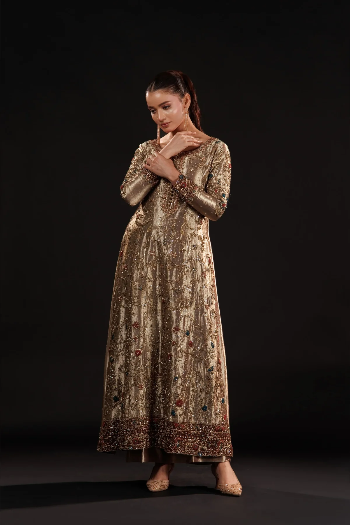 Antique Gold Hand-Embroidered Formal Dress | Gemstone Embellished Luxury Wear – Fatimaa Store