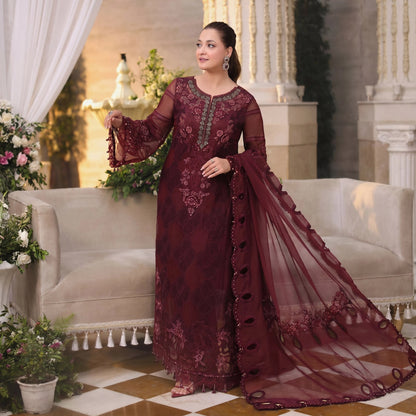 Maria B Burgundy Embroidered Chiffon Suit - image 1