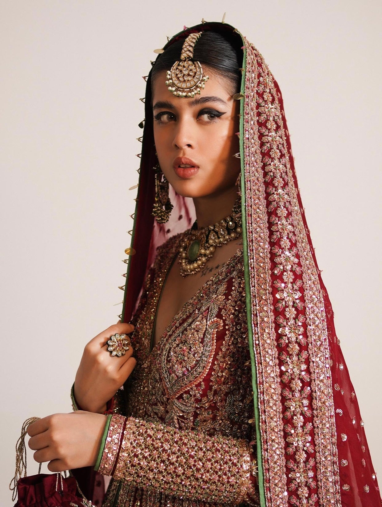 Hussain Rehar Sarang Bridal Peshwas | Luxury Berry Red Embellished Organza Dress | Fatimaastore Exclusive