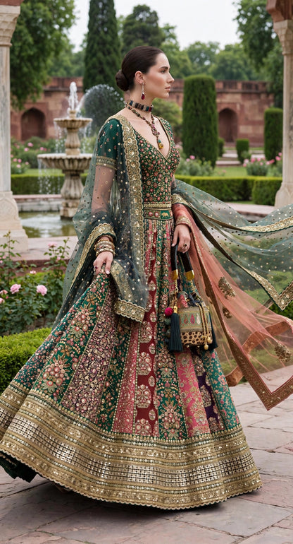 Sabyasachi-Inspired Multi Panel Embroidered Bridal Lehenga Choli with 2 Dupattas