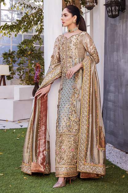 Luxury Golden Bronze Organza Traditional Pakistani Wedding Dress | Designer Eastern Wear