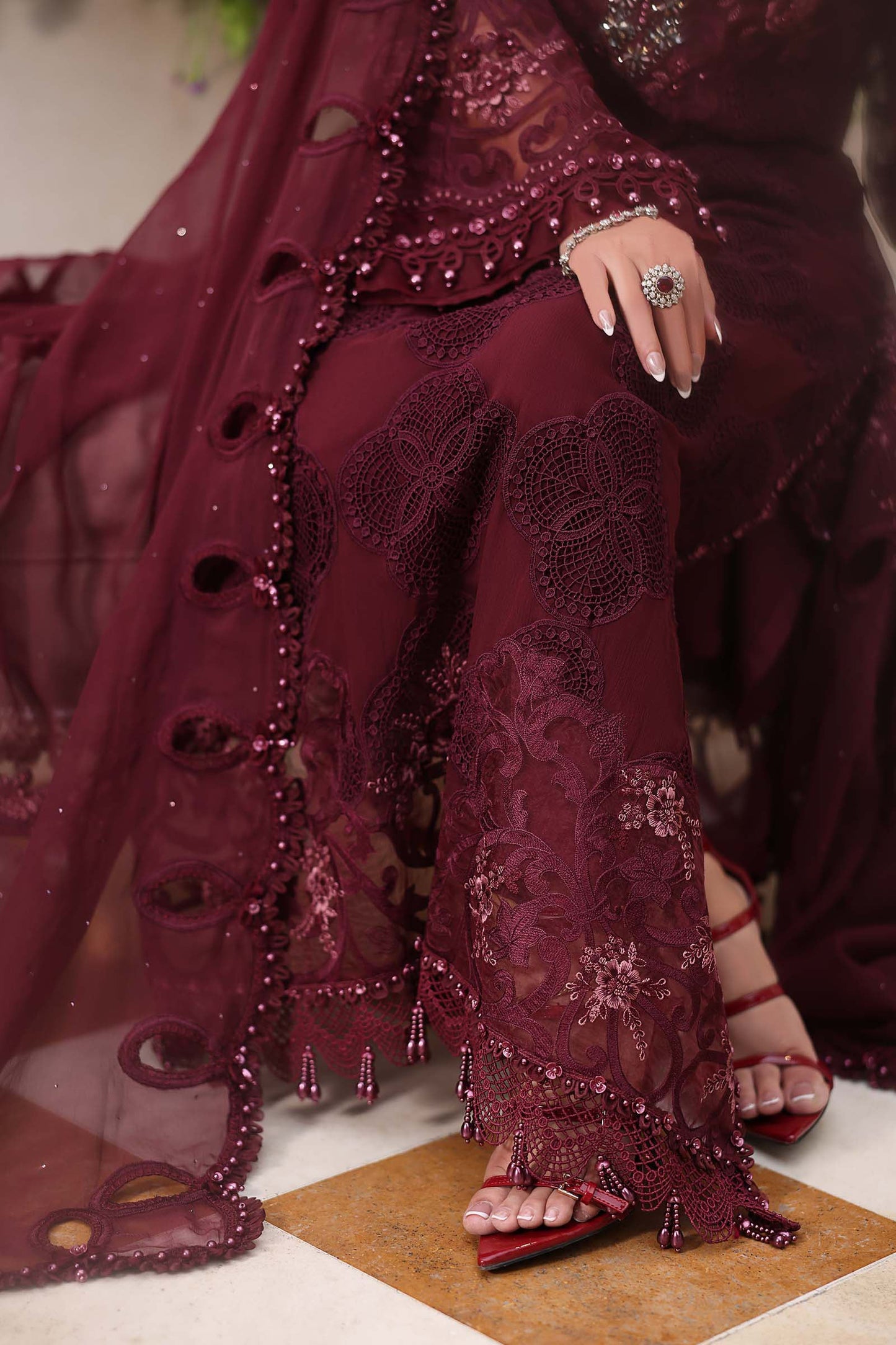 Maria B Burgundy Embroidered Chiffon Suit - image 4