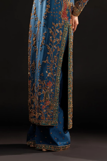 Luxury Royal Blue & Antique Gold Embroidered Pakistani Formal Dress
