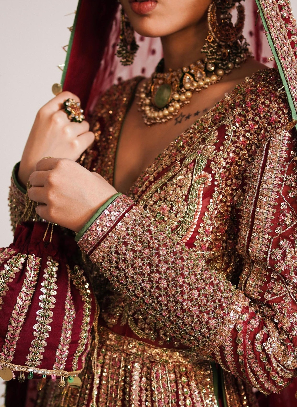 Hussain Rehar Sarang Bridal Peshwas | Luxury Berry Red Embellished Organza Dress | Fatimaastore Exclusive
