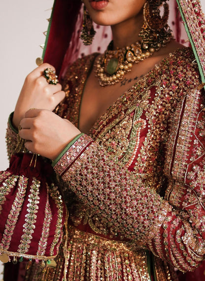 Hussain Rehar Sarang Bridal Peshwas | Luxury Berry Red Embellished Organza Dress | Fatimaastore Exclusive