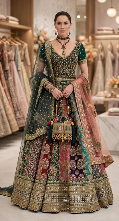 Sabyasachi-Inspired Multi Panel Embroidered Bridal Lehenga Choli with 2 Dupattas
