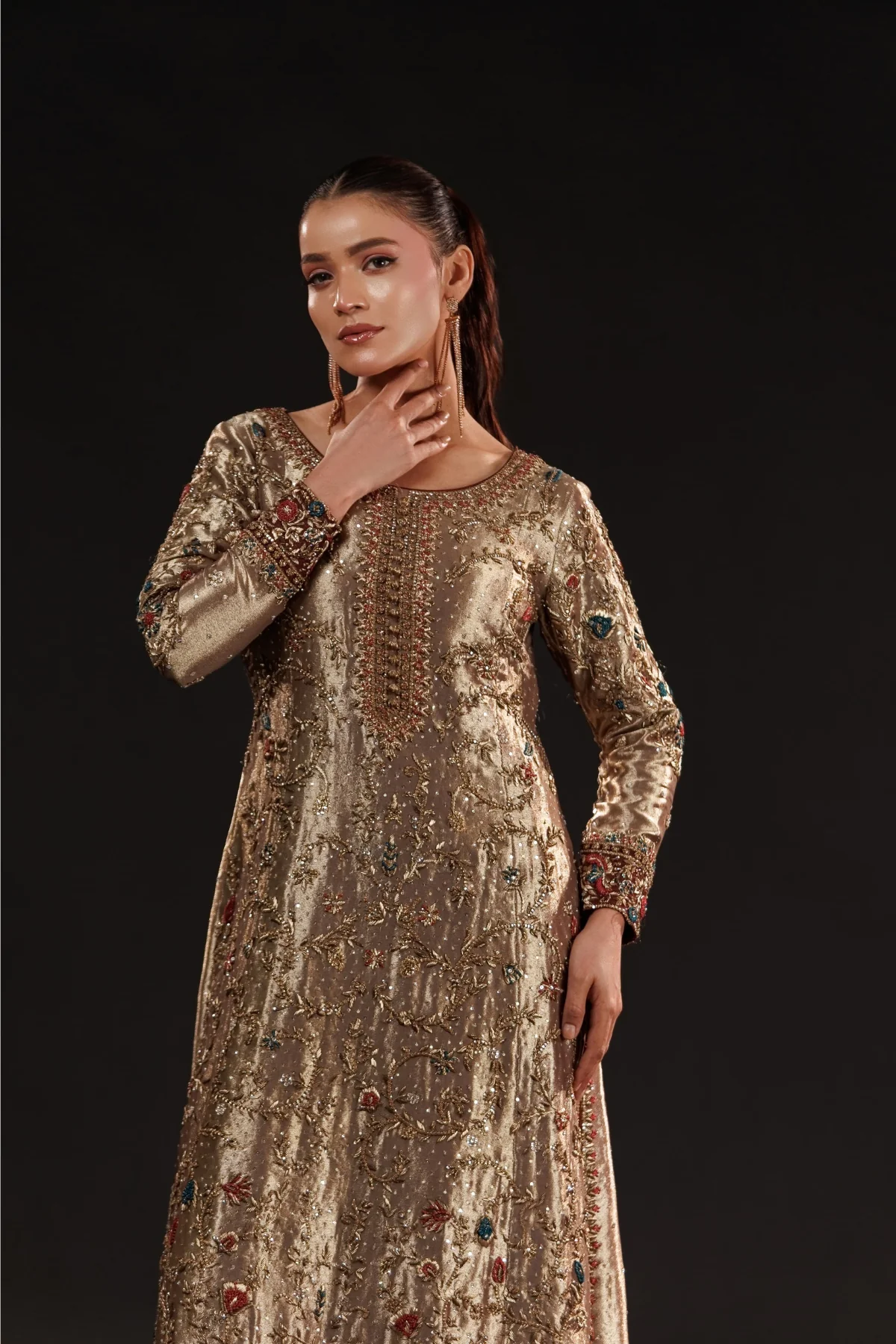 Antique Gold Hand-Embroidered Formal Dress | Gemstone Embellished Luxury Wear – Fatimaa Store