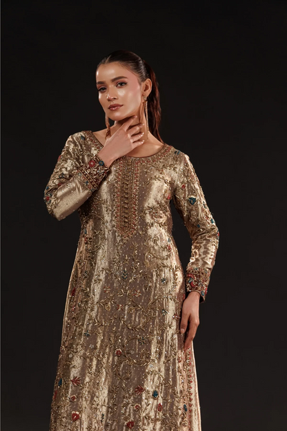 Antique Gold Hand-Embroidered Formal Dress | Gemstone Embellished Luxury Wear – Fatimaa Store