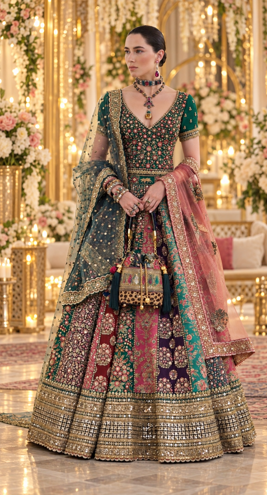Sabyasachi-Inspired Multi Panel Embroidered Bridal Lehenga Choli with 2 Dupattas