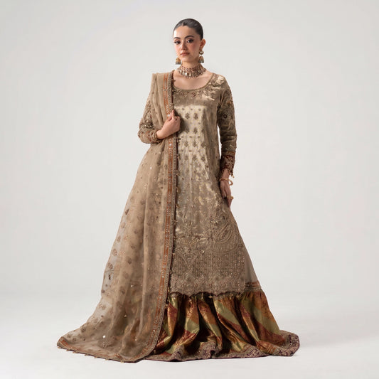 Maria B Luxury Bridal Formal Wear | Embellished Tissue Shirt & Banarsi Gharara | Fatimaastore Exclusive