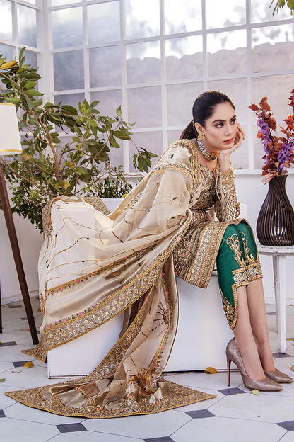 Luxury Golden Bronze Organza Traditional Pakistani Wedding Dress | Designer Eastern Wear