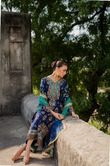 Zohra – Luxury Dark Blue & Turquoise Formal Ensemble