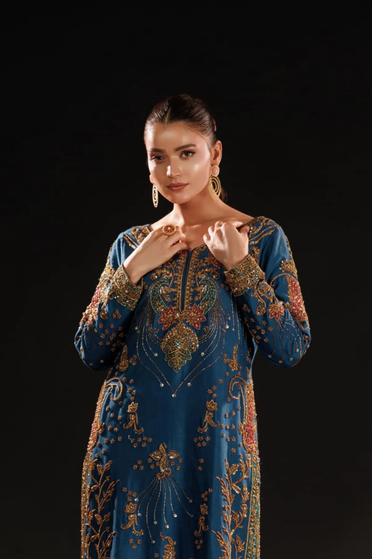 Luxury Royal Blue & Antique Gold Embroidered Pakistani Formal Dress