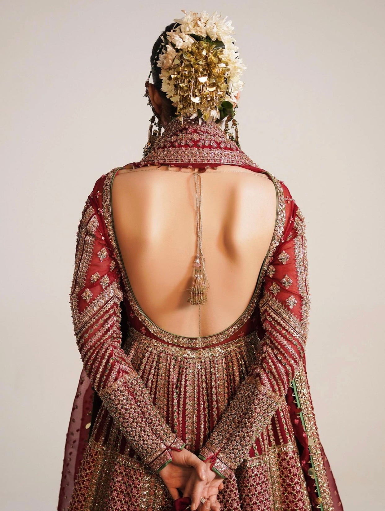 Hussain Rehar Sarang Bridal Peshwas | Luxury Berry Red Embellished Organza Dress | Fatimaastore Exclusive