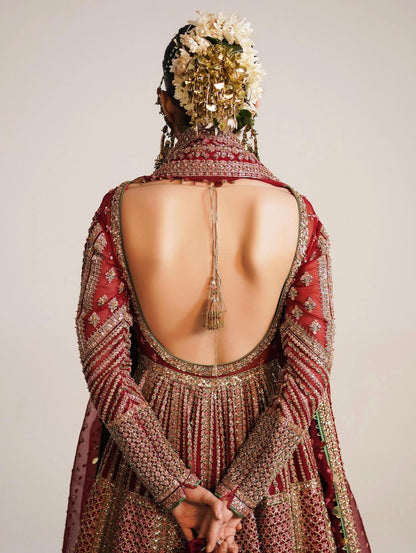Hussain Rehar Sarang Bridal Peshwas | Luxury Berry Red Embellished Organza Dress | Fatimaastore Exclusive
