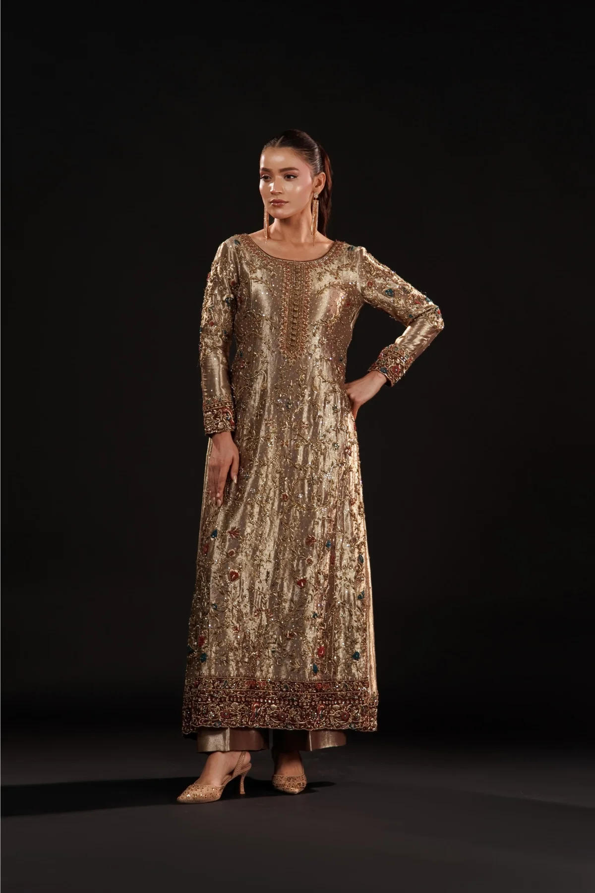 Antique Gold Hand-Embroidered Formal Dress | Gemstone Embellished Luxury Wear – Fatimaa Store