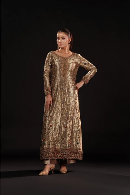 Antique Gold Hand-Embroidered Formal Dress | Gemstone Embellished Luxury Wear – Fatimaa Store