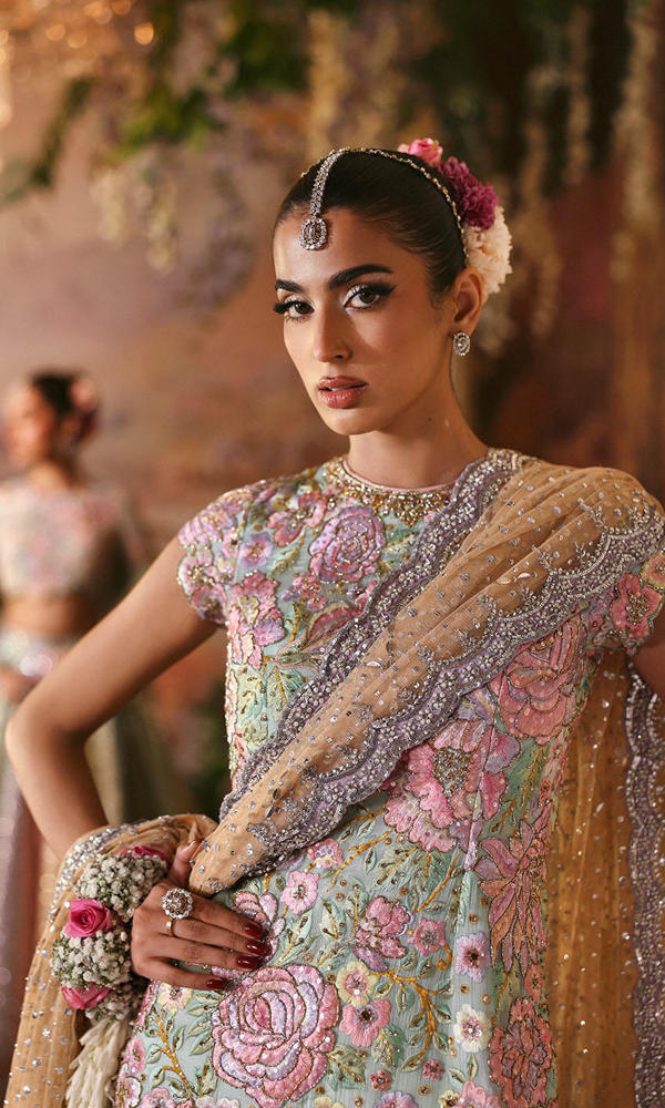 Multicolour Pastel Handwork Chiffon & Raw Silk Dhakka for Weddings & Walima