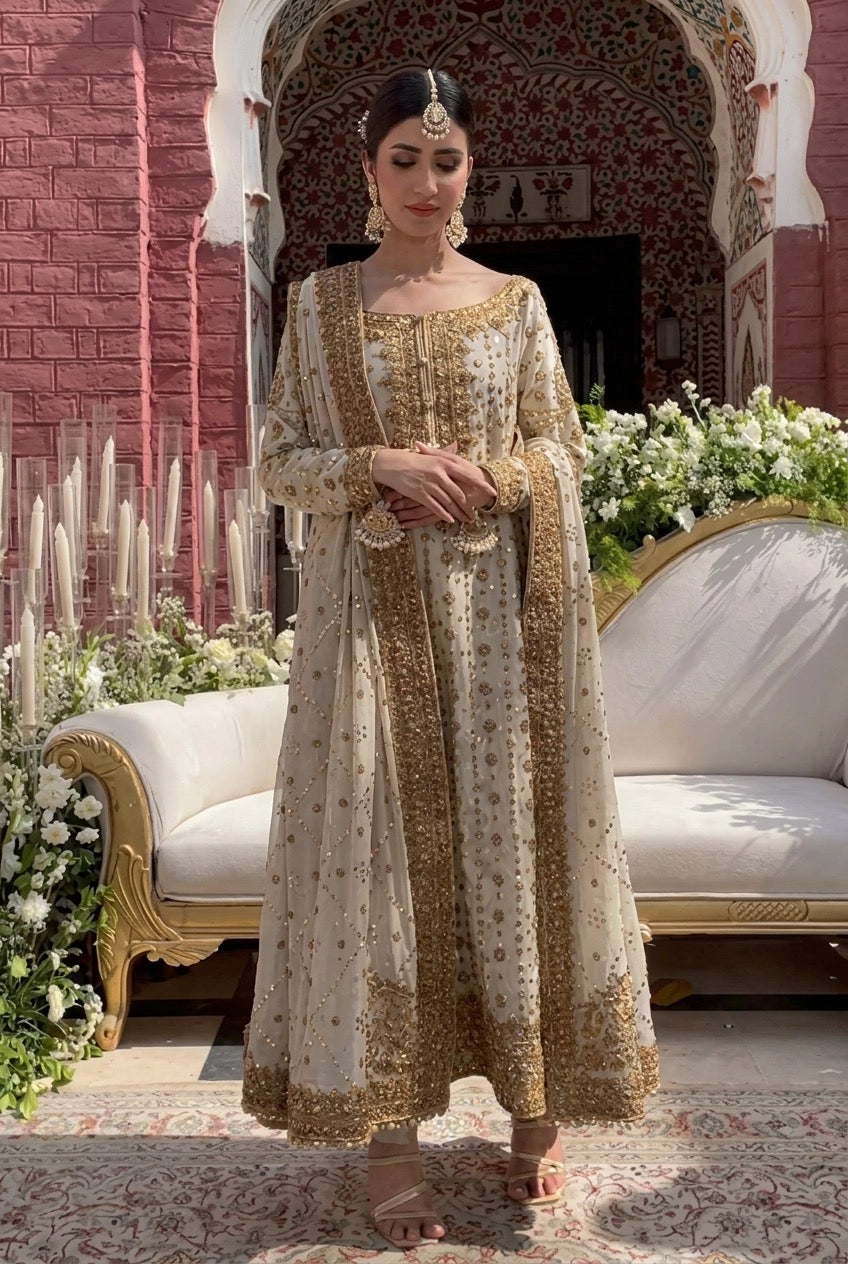 Haris Shakeel Ivory White Luxury Embellished Pakistani Formal Wear | Bridal Guest Dress |