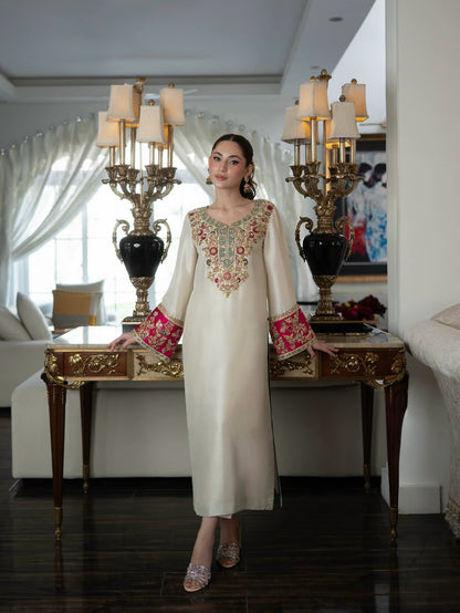 Ivory Tussle Silk Embroidered 3-Piece Suit with Organza Dupatta – Luxury Pakistani Festive Wear