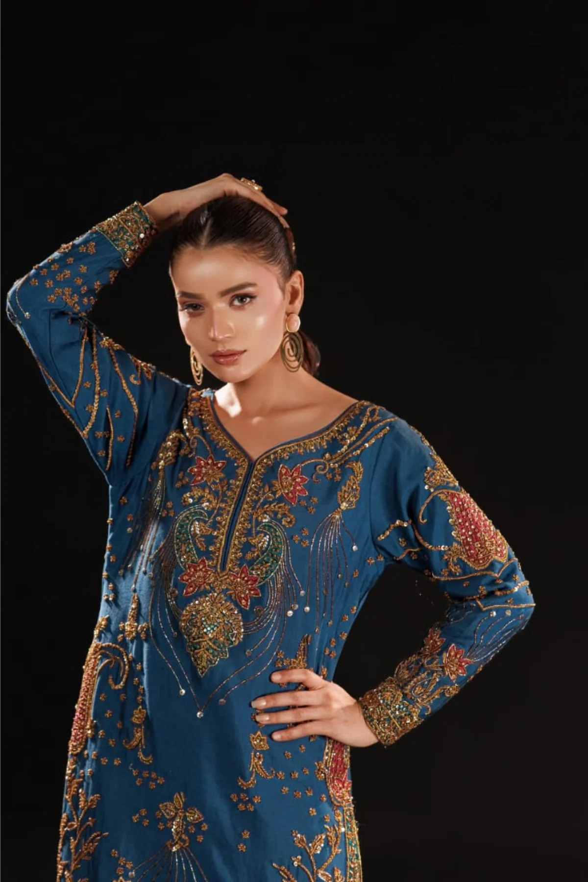 Luxury Royal Blue & Antique Gold Embroidered Pakistani Formal Dress