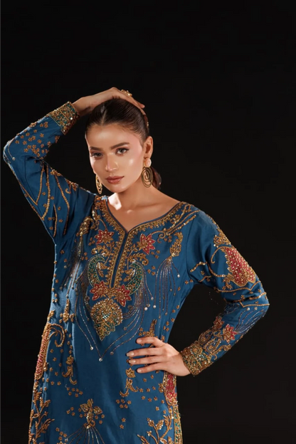 Luxury Royal Blue & Antique Gold Embroidered Pakistani Formal Dress