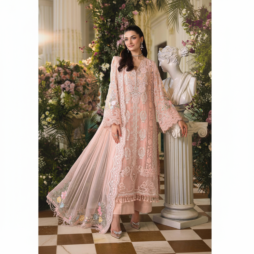 Elegant Pink Embroidered Bumber Chiffon 3-Piece Suit - Luxury Festive Wear