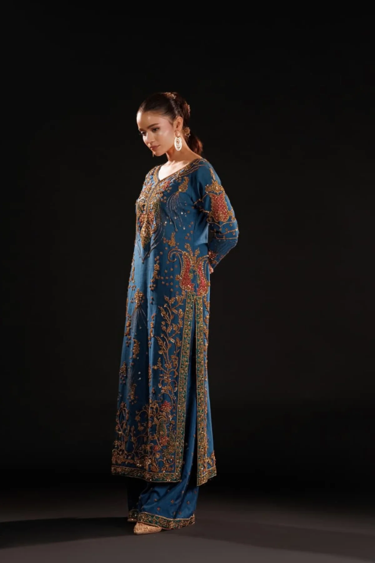 Luxury Royal Blue & Antique Gold Embroidered Pakistani Formal Dress