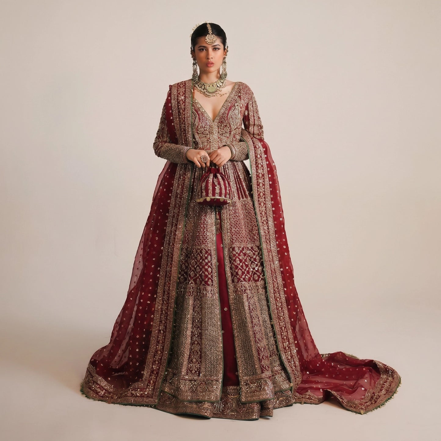 Hussain Rehar Sarang Bridal Peshwas | Luxury Berry Red Embellished Organza Dress | Fatimaastore Exclusive