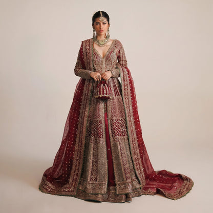 Hussain Rehar Sarang Bridal Peshwas | Luxury Berry Red Embellished Organza Dress | Fatimaastore Exclusive