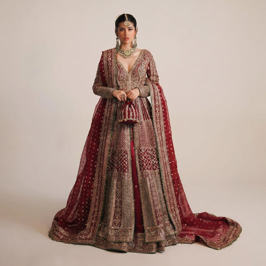 Hussain Rehar Sarang Bridal Peshwas | Luxury Berry Red Embellished Organza Dress | Fatimaastore Exclusive