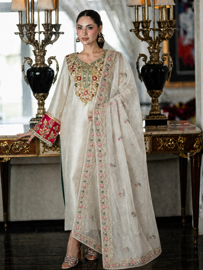Ivory Tussle Silk Embroidered 3-Piece Suit with Organza Dupatta – Luxury Pakistani Festive Wear