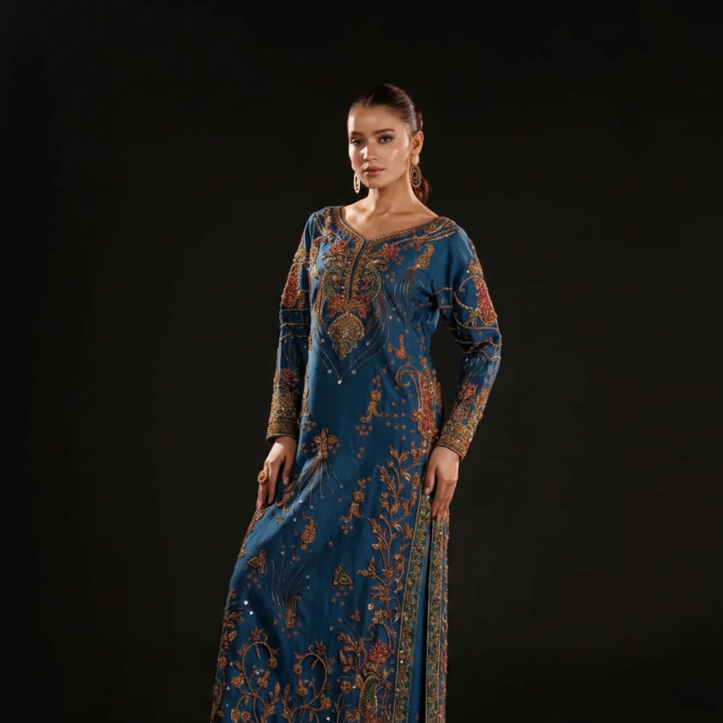 Main Image: "Azure Dynasty luxury royal blue Pakistani formal dress with intricate antique gold embroidery."

2.
Detail Shot: "Close-up of antique gold embroidery and jewel-toned embellishments on Azure Dynasty dress."

3.
Back View: "Elegant back silhouette of the Azure Dynasty royal blue formal ensemble."

4.
Model Shot: "Model wearing Azure Dynasty royal blue and gold luxury wedding dress for 2026 collection."
