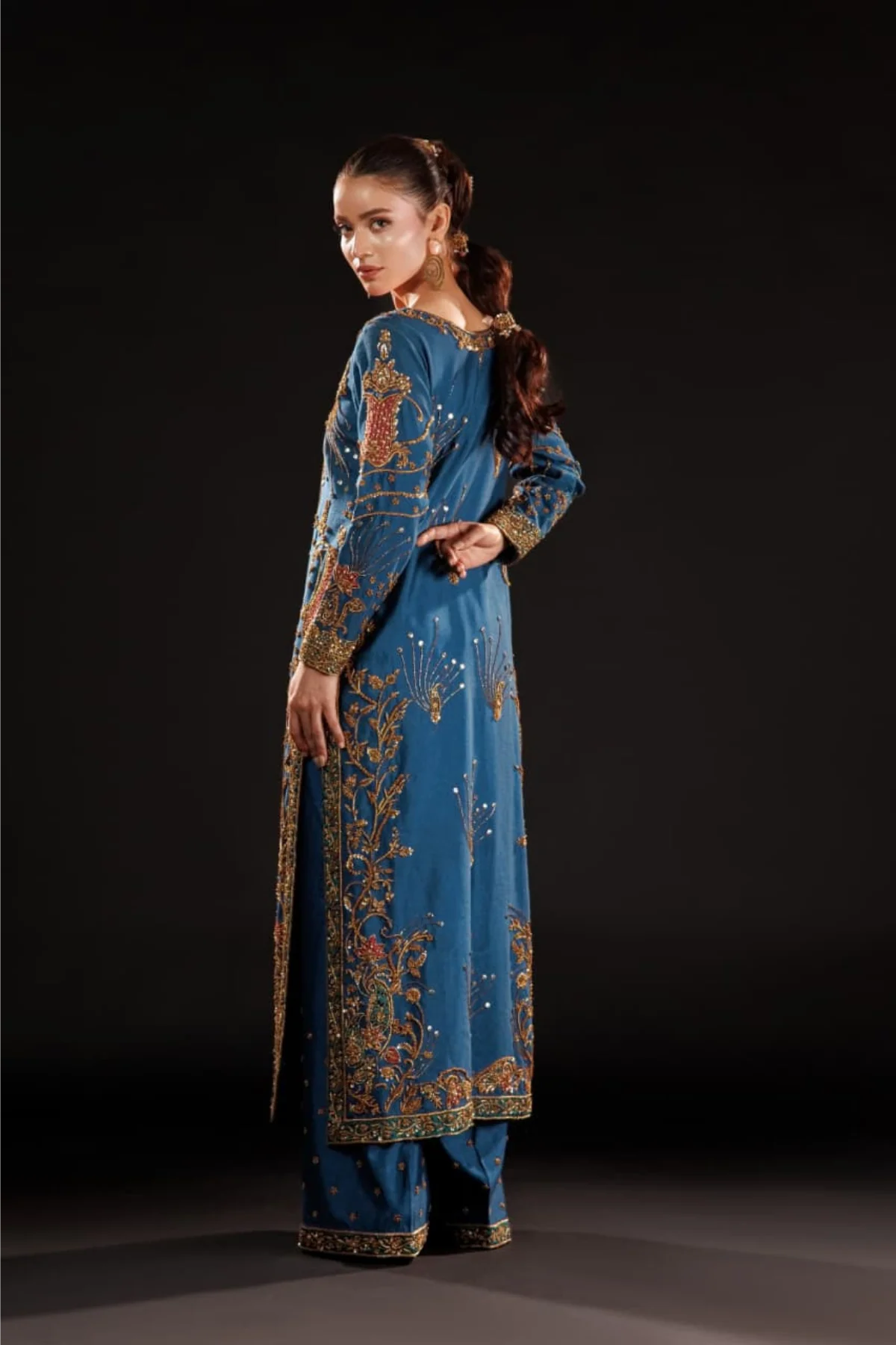 Luxury Royal Blue & Antique Gold Embroidered Pakistani Formal Dress