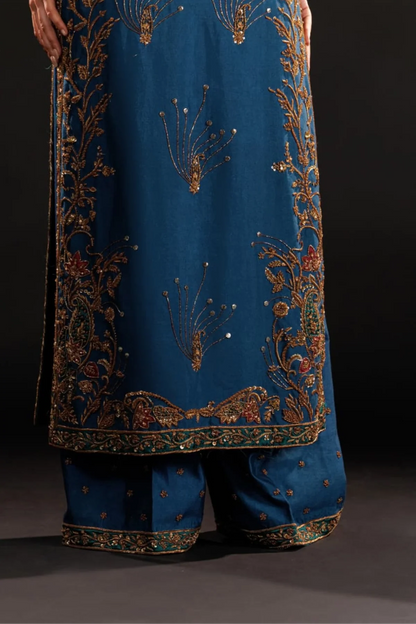 Luxury Royal Blue & Antique Gold Embroidered Pakistani Formal Dress