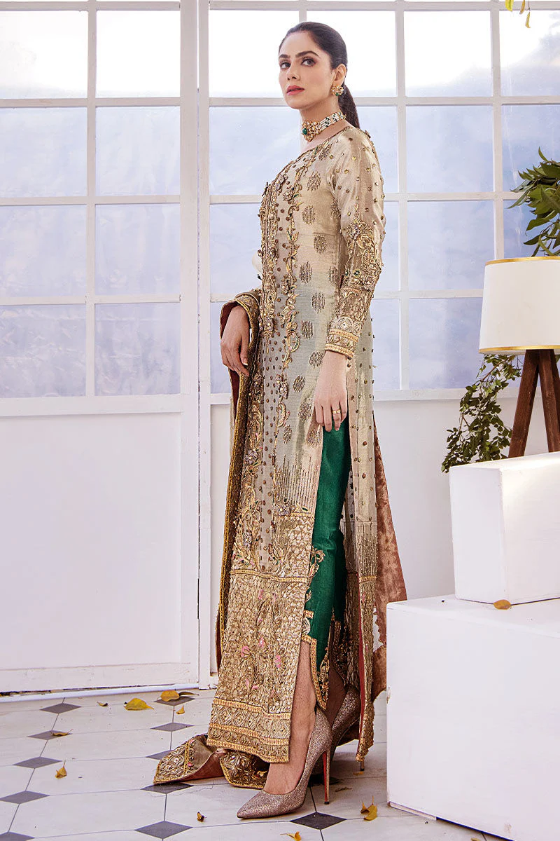 Luxury Golden Bronze Organza Traditional Pakistani Wedding Dress | Designer Eastern Wear