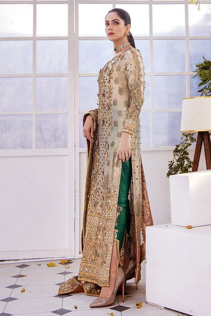 Luxury Golden Bronze Organza Traditional Pakistani Wedding Dress | Designer Eastern Wear