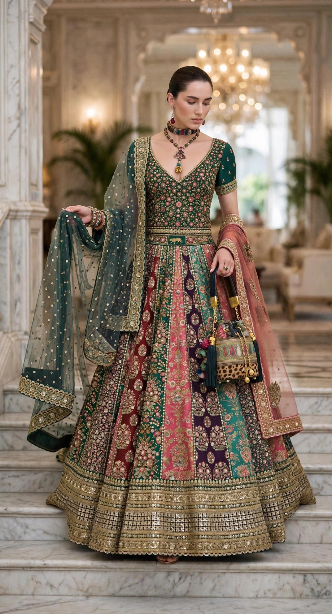 Sabyasachi-Inspired Multi Panel Embroidered Bridal Lehenga Choli with 2 Dupattas