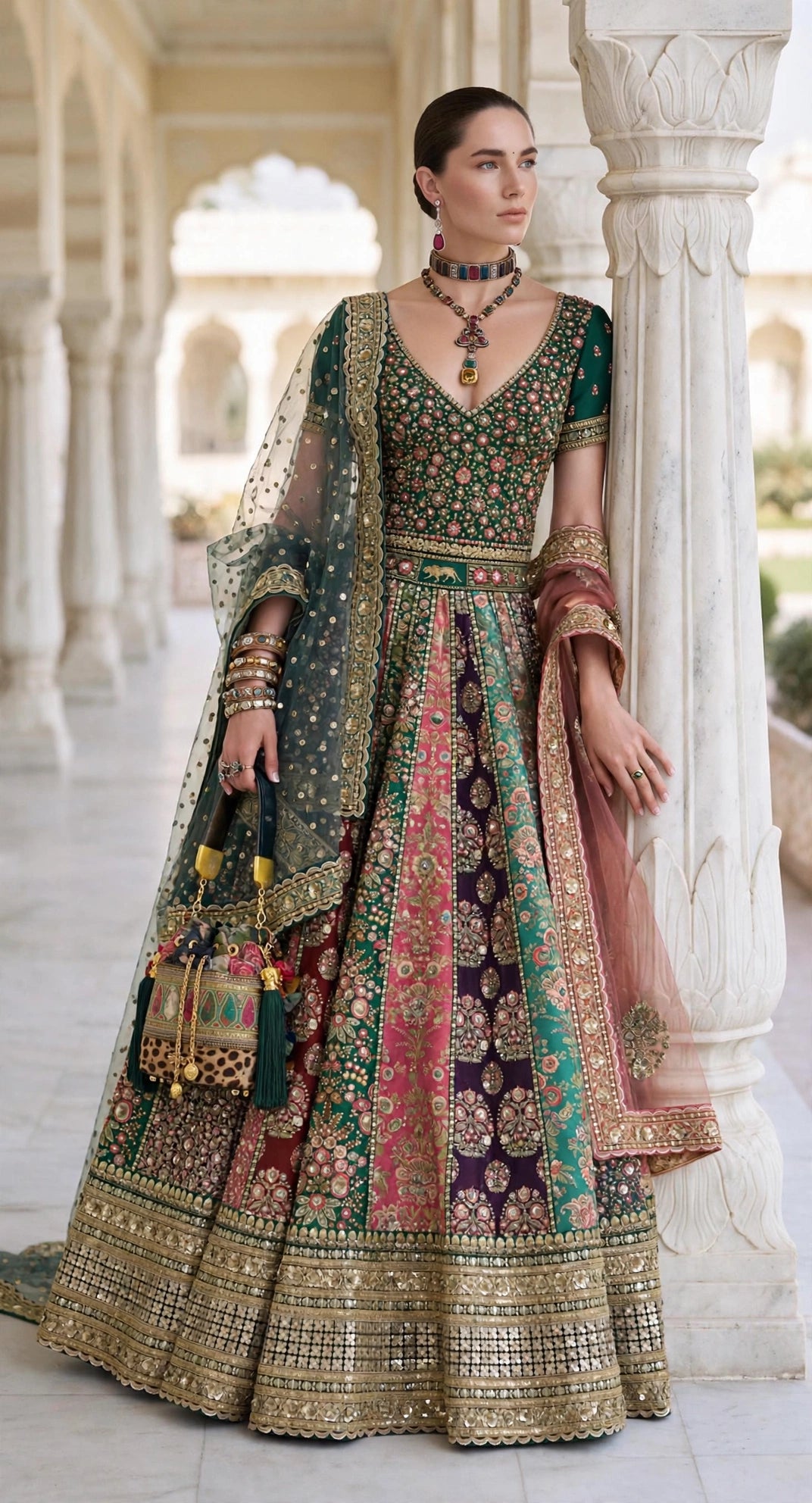 Sabyasachi-Inspired Multi Panel Embroidered Bridal Lehenga Choli with 2 Dupattas