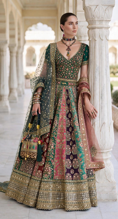 Sabyasachi-Inspired Multi Panel Embroidered Bridal Lehenga Choli with 2 Dupattas